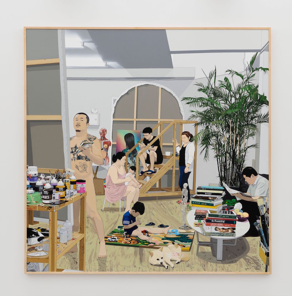 Painter and Family, 2018 Acrylic on linen 290 x 290 cm.  114 3/16 x 114 3/16 in Photo by Guillaume Ziccarelli. Courtesy of the artist and Perrotin.